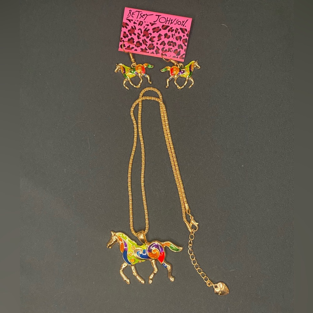 Betsey Johnson Multicolored Horse Necklace with matching Earrings